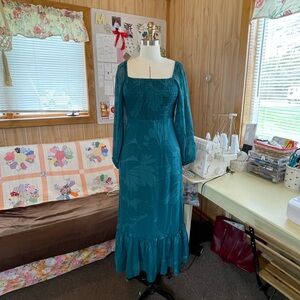 Teal Midi Long Sleeve Chiffon Dress